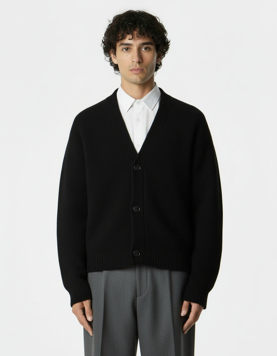 Mono V-Neck Brushed Cardigan | Black