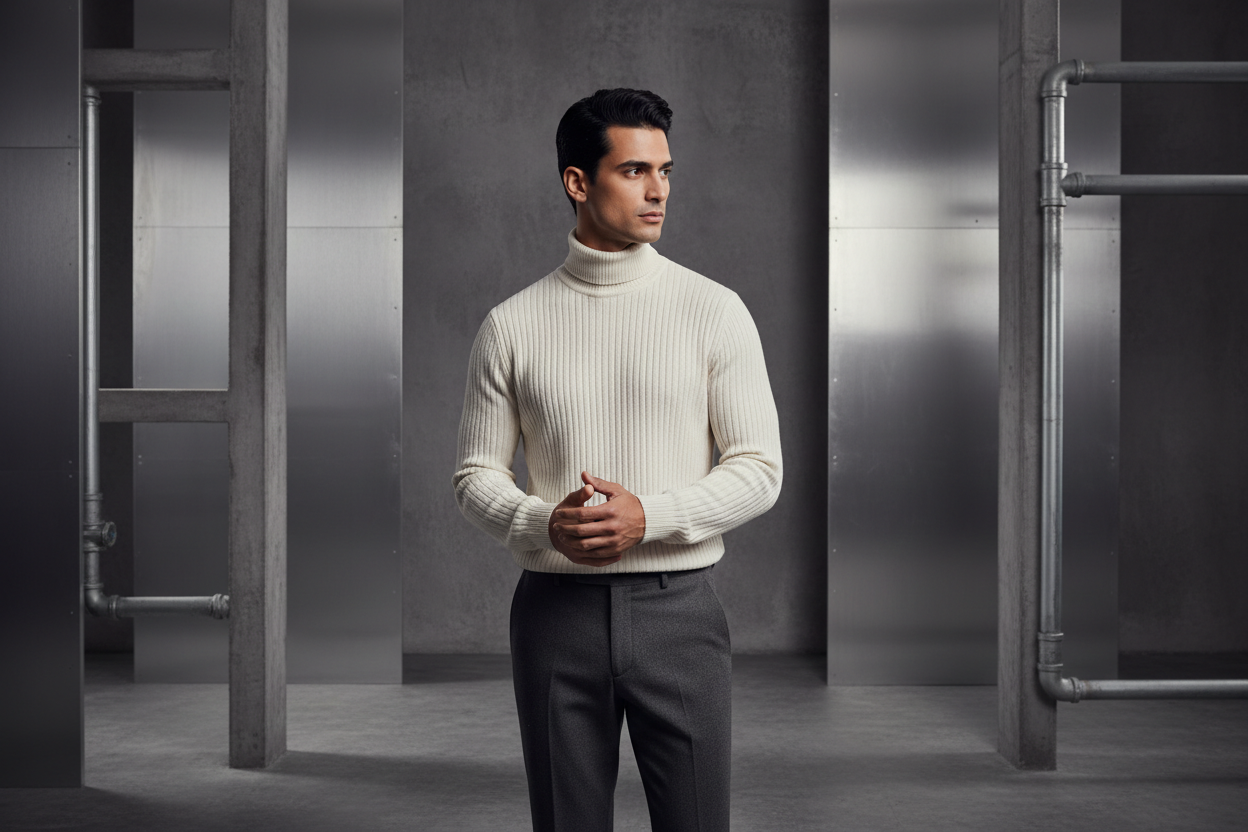 een indistriuele grijze achtergrond studio met een man die een beetje schuin kijkt. hij heeft een creme kleur coltrui aan en een grijze pantalon. zelf heeft de man een donkerder tint qua huid en zwarte haaren.